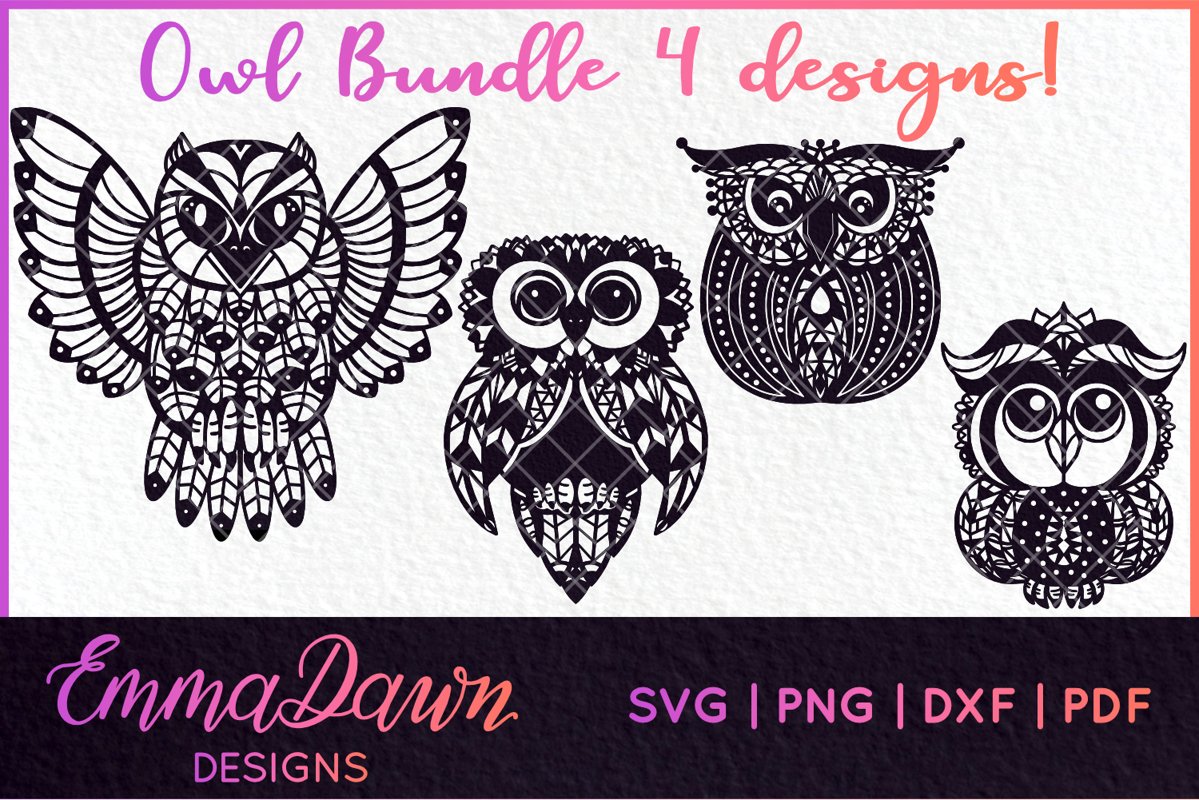 OWL BUNDLE MANDALA / PATTERN 4 DESIGNS SVG, DXF, PNG, PDF example image 1