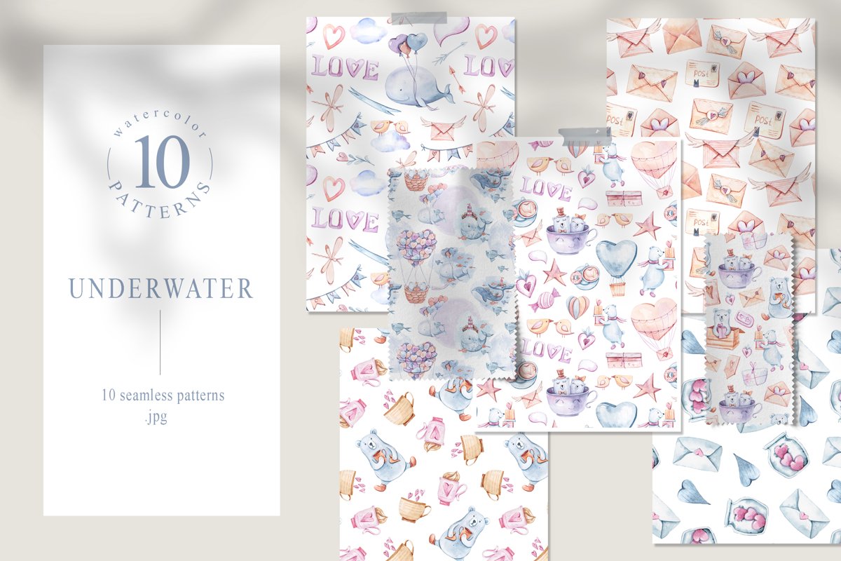 Watercolor underwater clipart. Fantasy seamless pattern example image 1