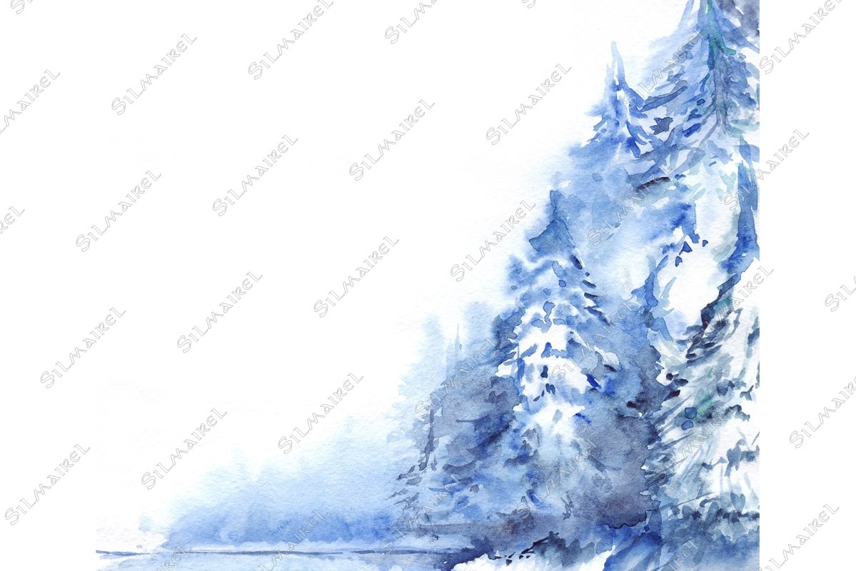 Watercolor winter snowy pine wood forest landscape example image 1