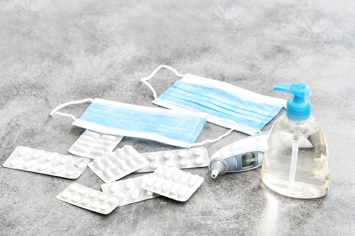 Hand sanitizer, protective mask, thermometer pills Virus example image 1