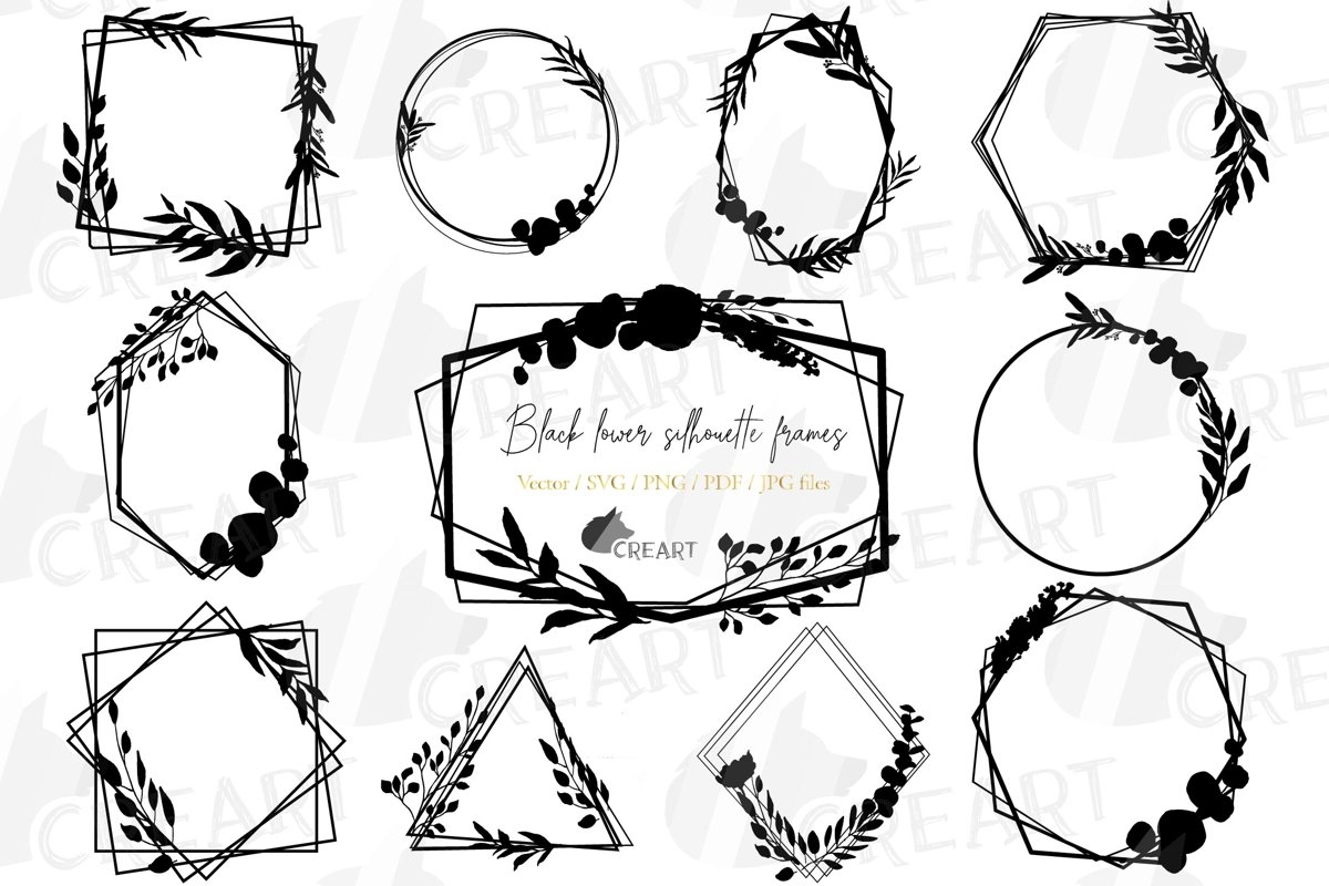 Black geometric floral silhouette wedding frames clip art. (572778