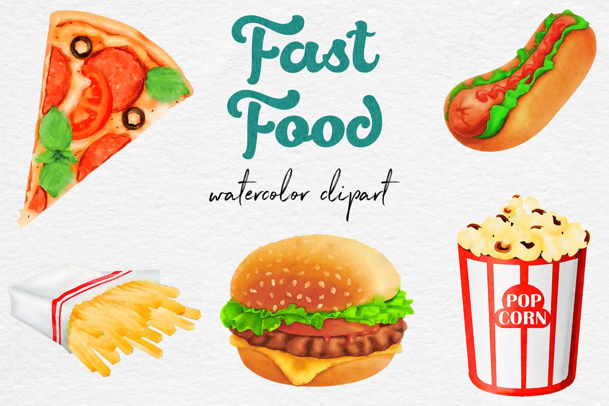 Watercolor Fast Food Clipart example image 1