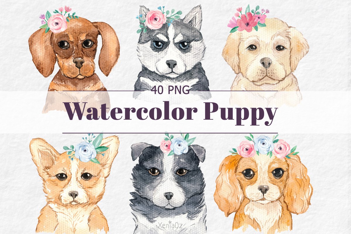 Watercolor Puppies and Flowers Clipart, Dog Lover, PNG example image 1