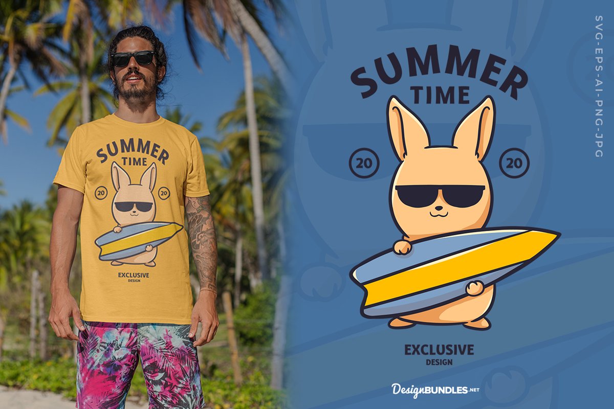 Summer, Rabbit Surfing T-Shirt Design example image 1