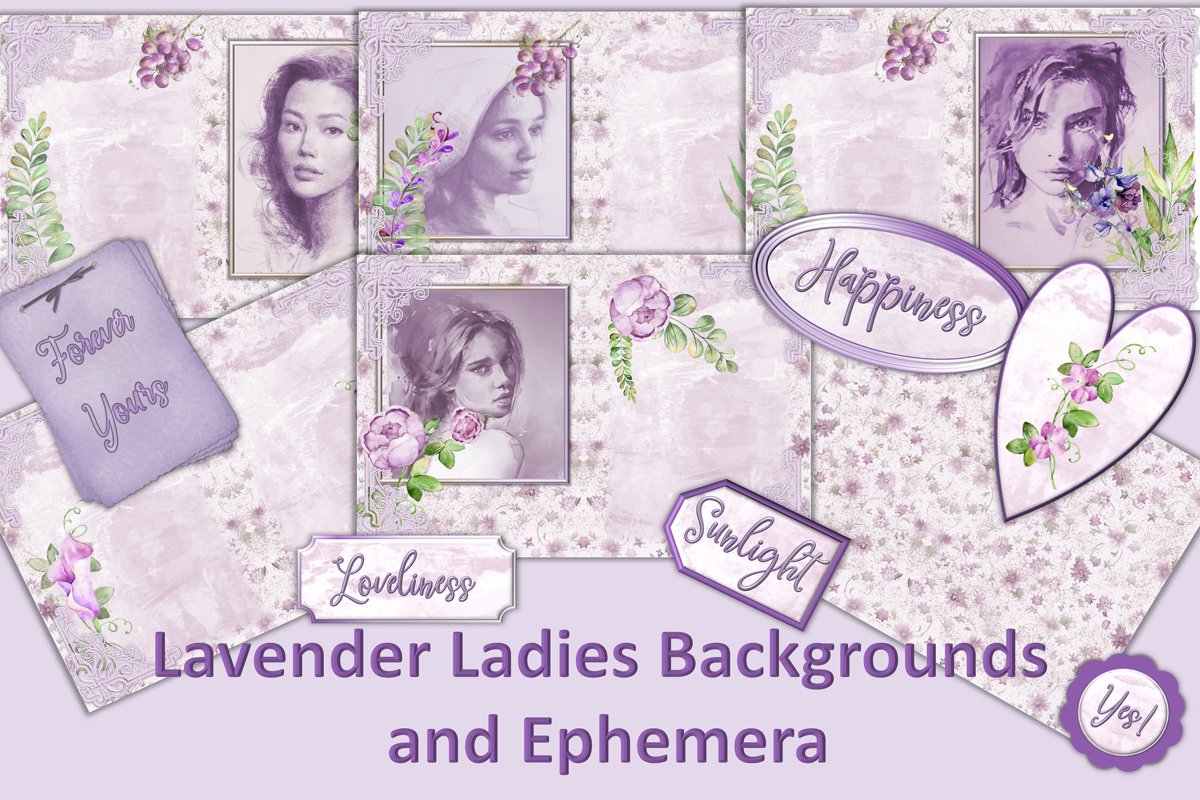 Water colour Lavender Ladies Backgrounds and Clipart example image 1