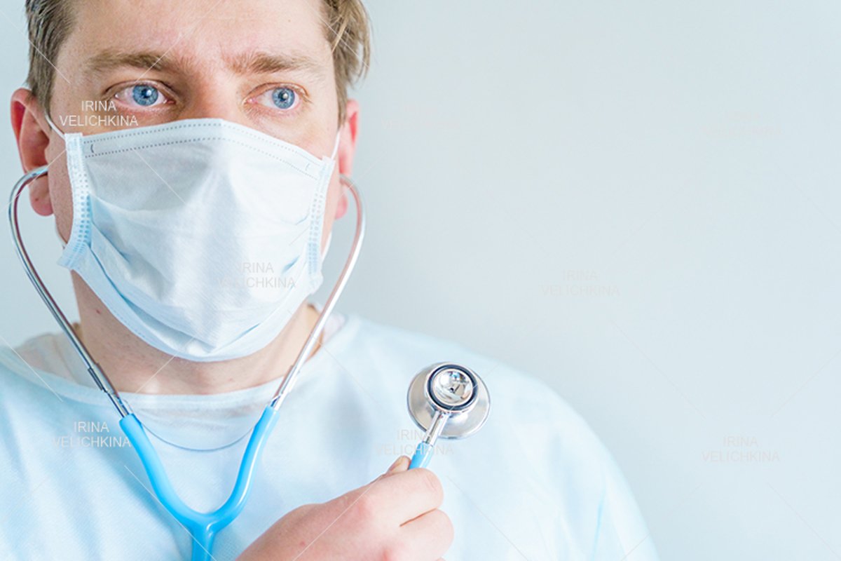 Doctor, patient in medical disposable hat, robe. Face mask example image 1