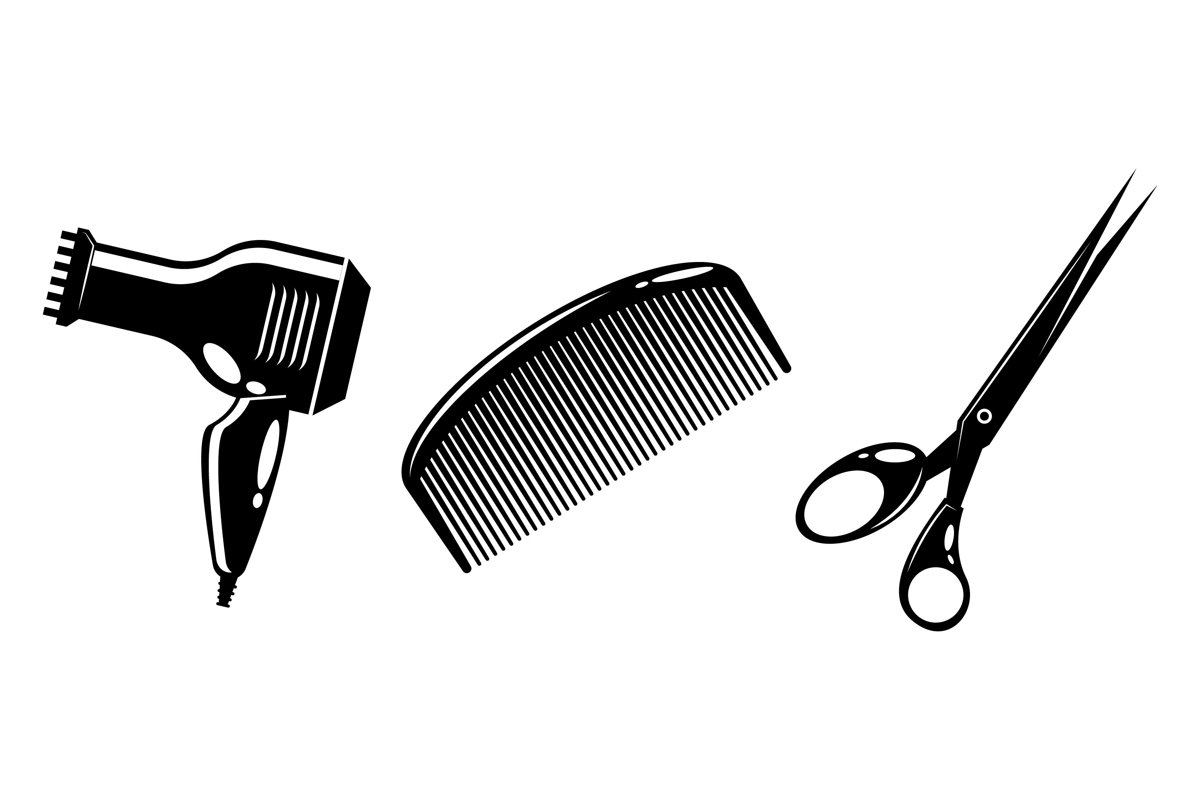 Hair Dryer, Comb and Scissors Silhouettes