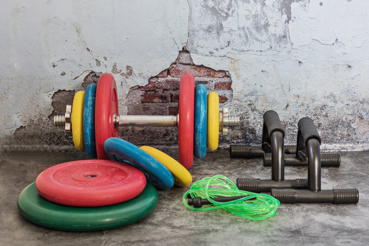 Professional dumbbells and multi-colored weight plates on a example image 1