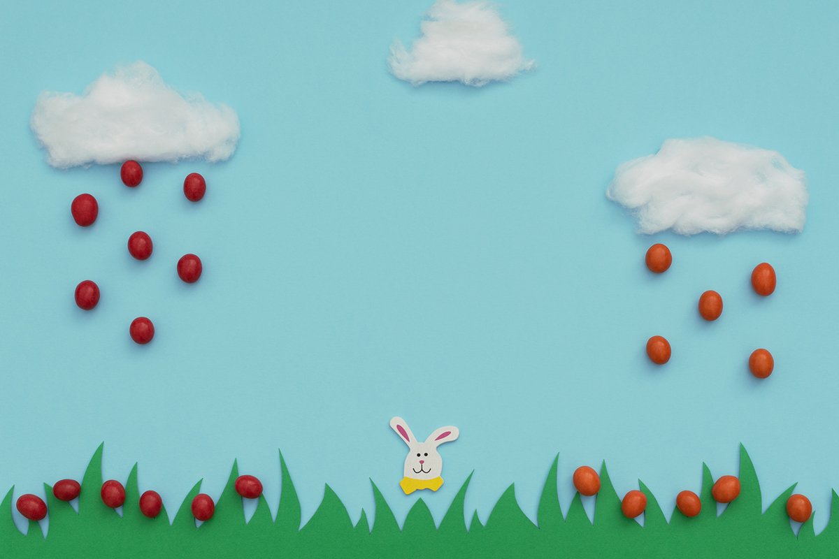 White cotton clouds with rain of small Easter eggs example image 1