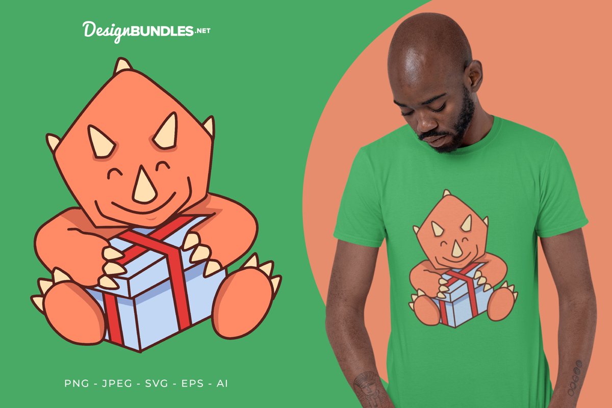 Triceratops with A Gift Vector Illustration For T-Shirt example image 1