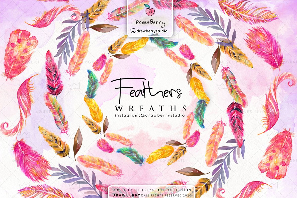 Watercolor Feather Wreath Clipart Pack example image 1