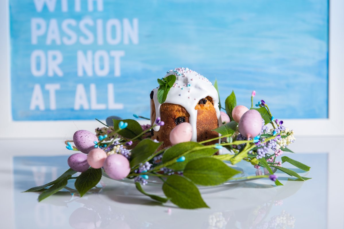 Easter cake in the center of a wreath of spring flowers example image 1