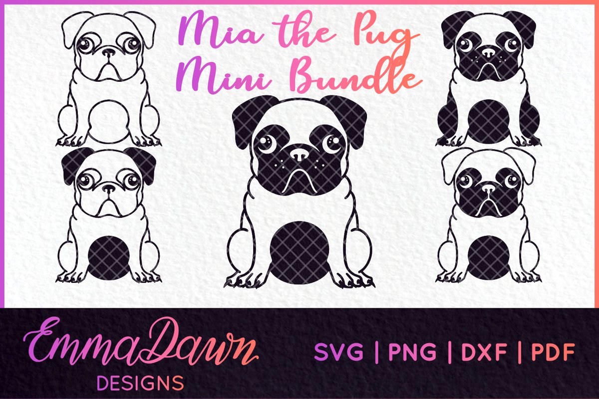 PUG MINI BUNDLE 5 DESIGNS SVG, DXF, PNG, PDF, FCM example image 1