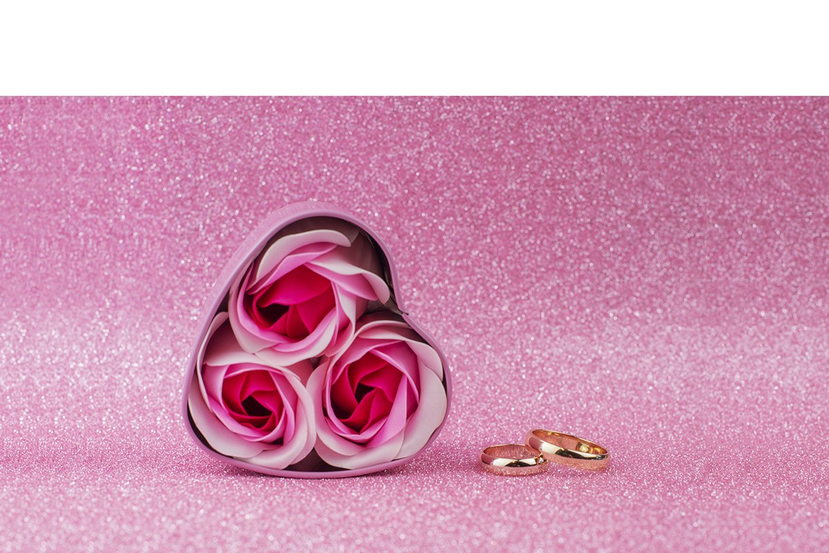 box surprise gift pink hearts with gold wedding rings example image 1