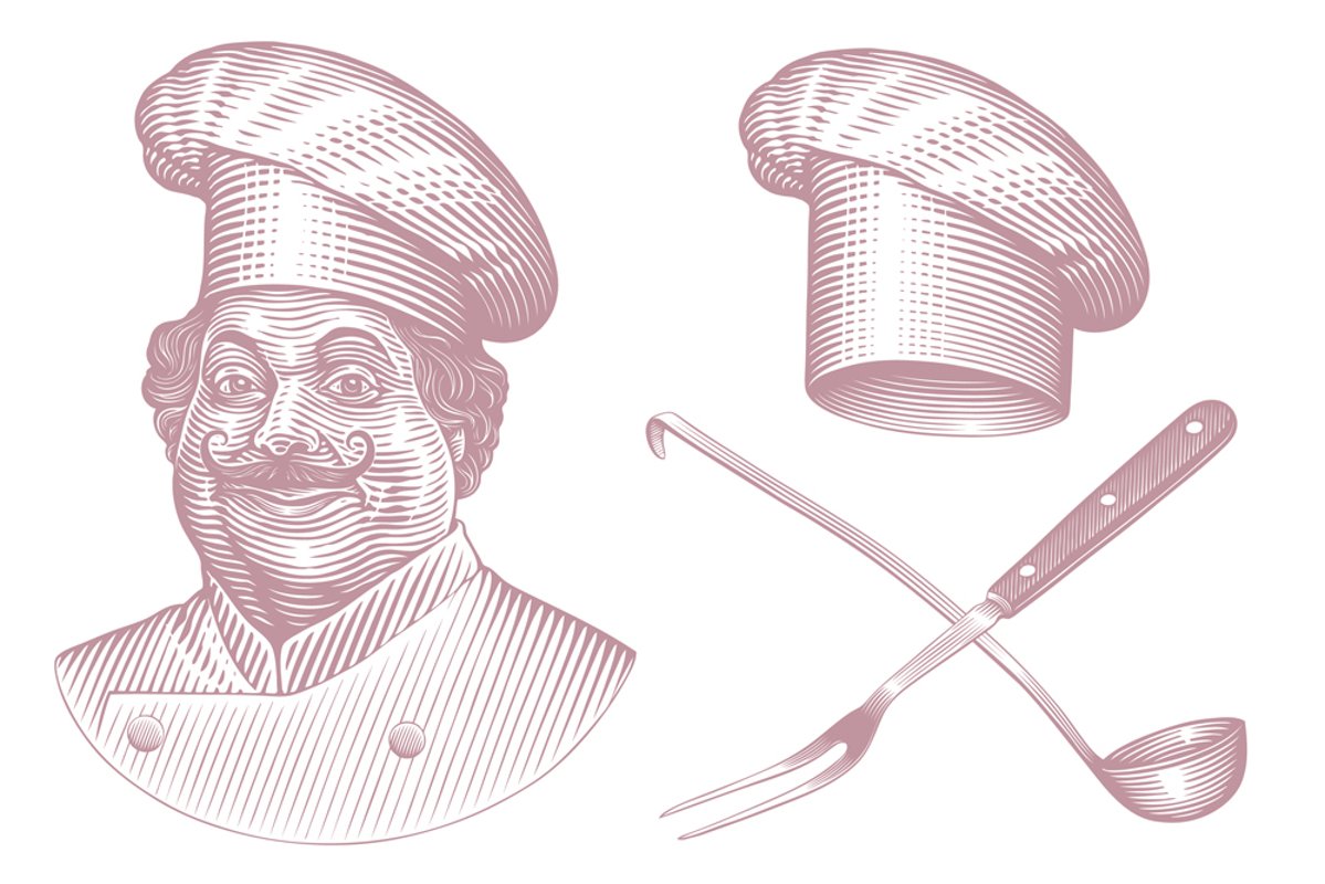 Cheerful Cook. Hand drawn illustration. Vector engraving. example image 1