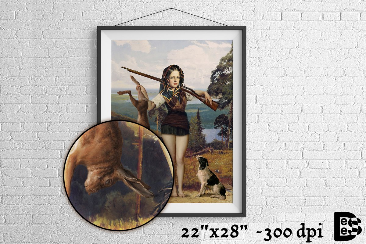 Portrait of a HUNTER WOMAN with prey. COLLAGE Surreal Art. example image 1
