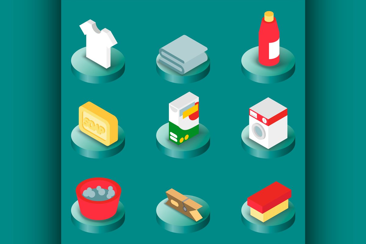 Laundry flat isometric icons example image 1