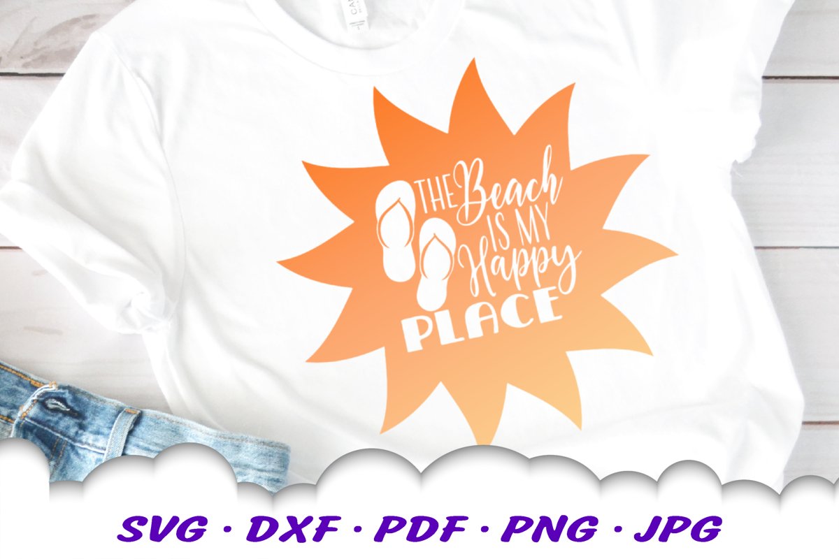 Beach Happy Place Sun Flip Flop Quote SVG DXF Cut Files example image 1