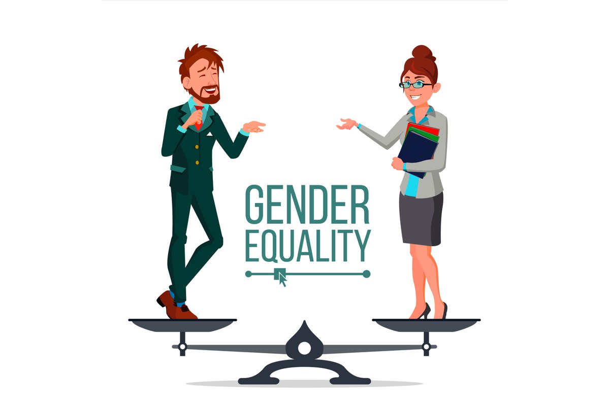 Gender Equality Vector. Man And Woman. Standing On Scales. example image 1