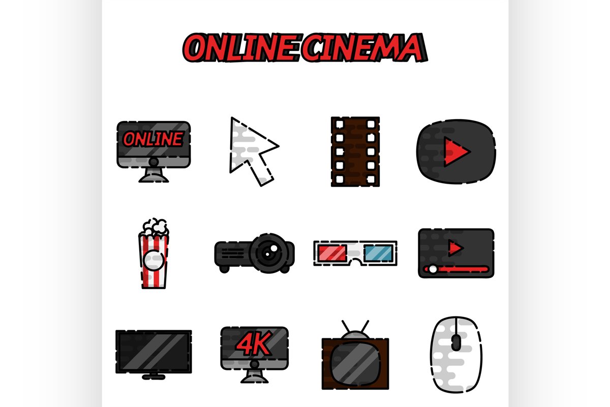 Online cinema flat icons set example image 1