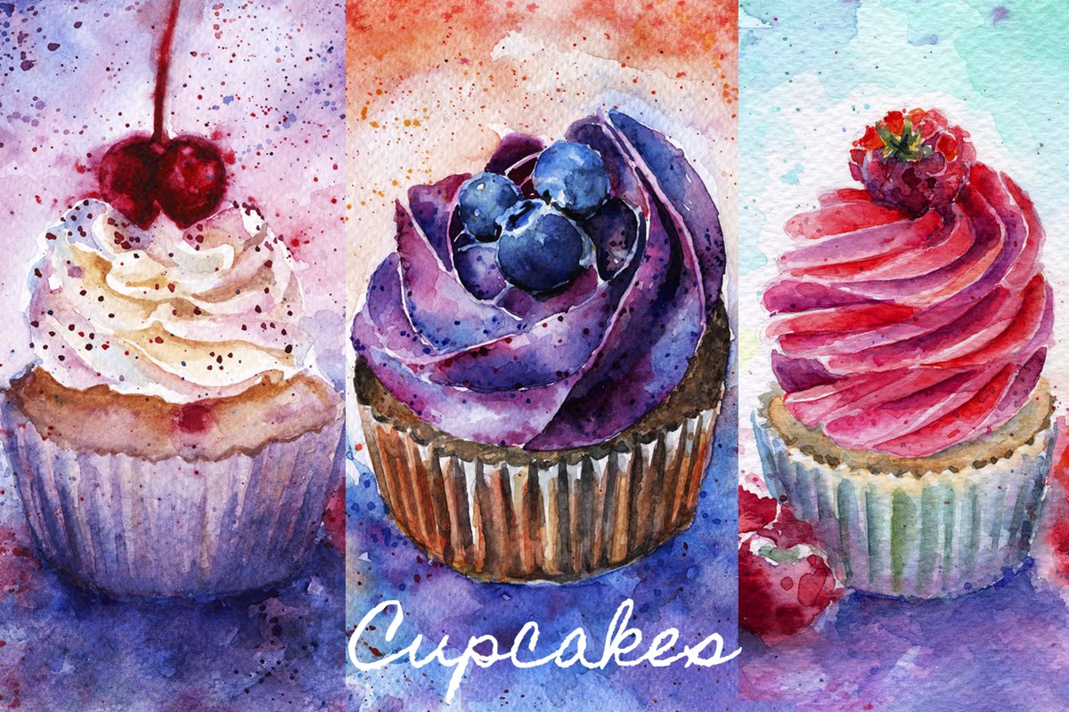 Watercolor cupcakes with cherry, blueberry, raspberries. example image 1