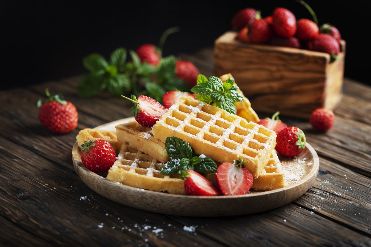 Homemade sweet waffle with powder sugar, strawberry and mint example image 1