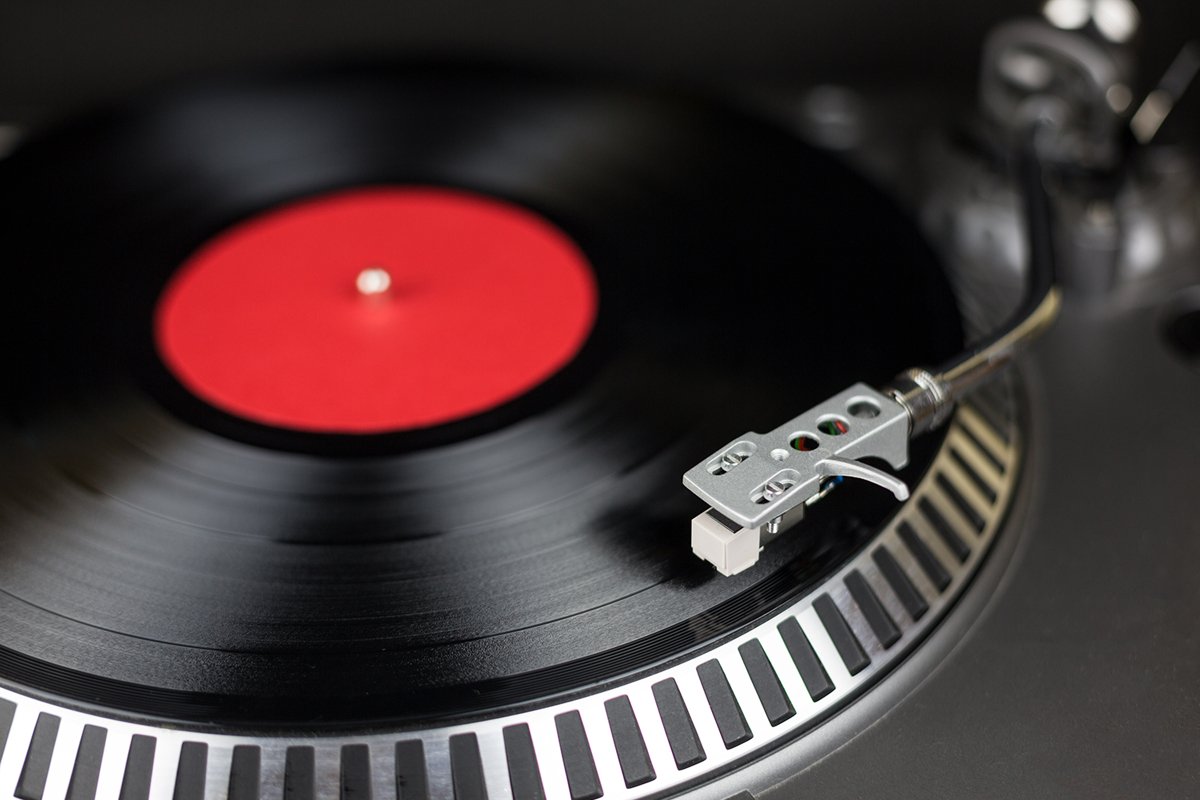 Professional party djs turntable on black background example image 1