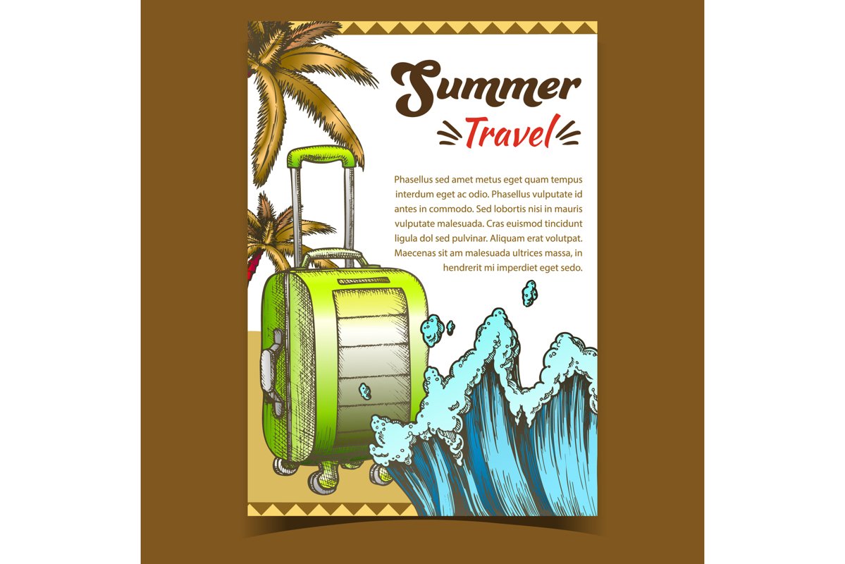 Summer Travel Suitcase On Wheels Poster Vector example image 1