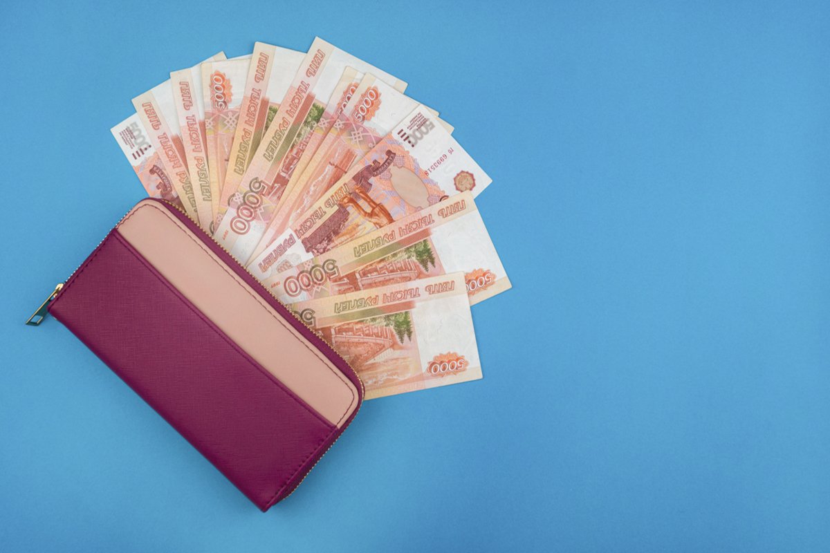 purse with money on a blue background. example image 1