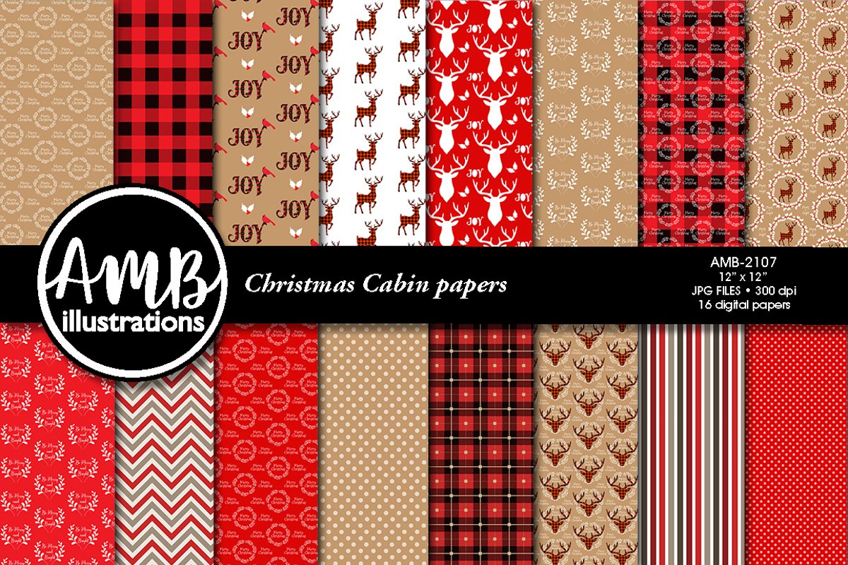 Christmas Cabin Papers, Rustic Cabin Patterns AMB-2107 example image 1