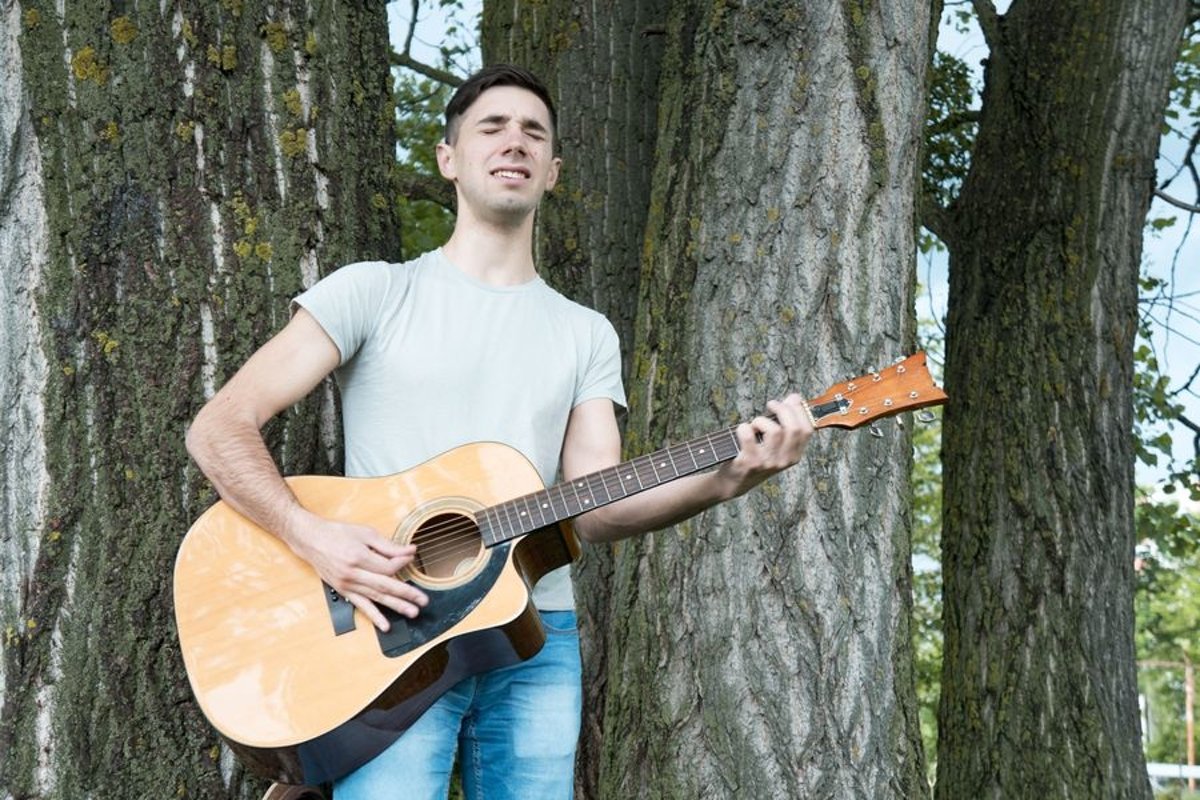Young caucasian man with guitar in the park example image 1