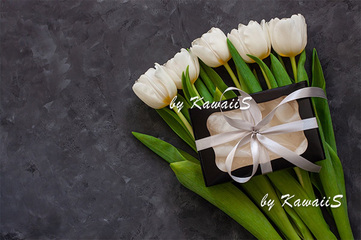 White tulip flowers and black gift box greeting card mockup example image 1