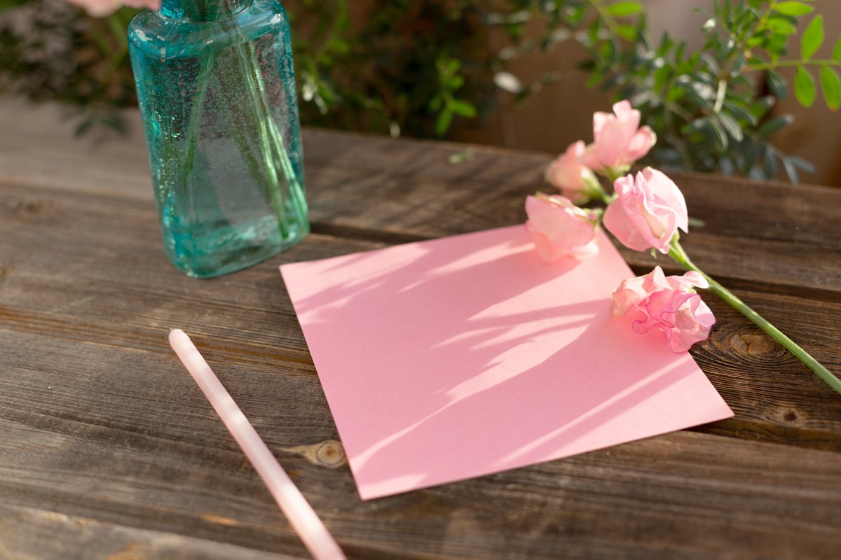 Pink sweet peas Lathyrus flowers in vase.Pen,note list, love example image 1