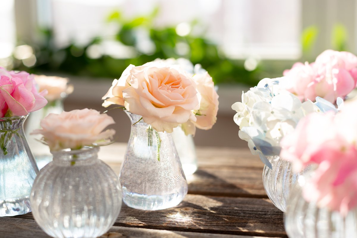 Blue hydrangea,pink sweet pea Lathyrus,roses in crystal vase example image 1