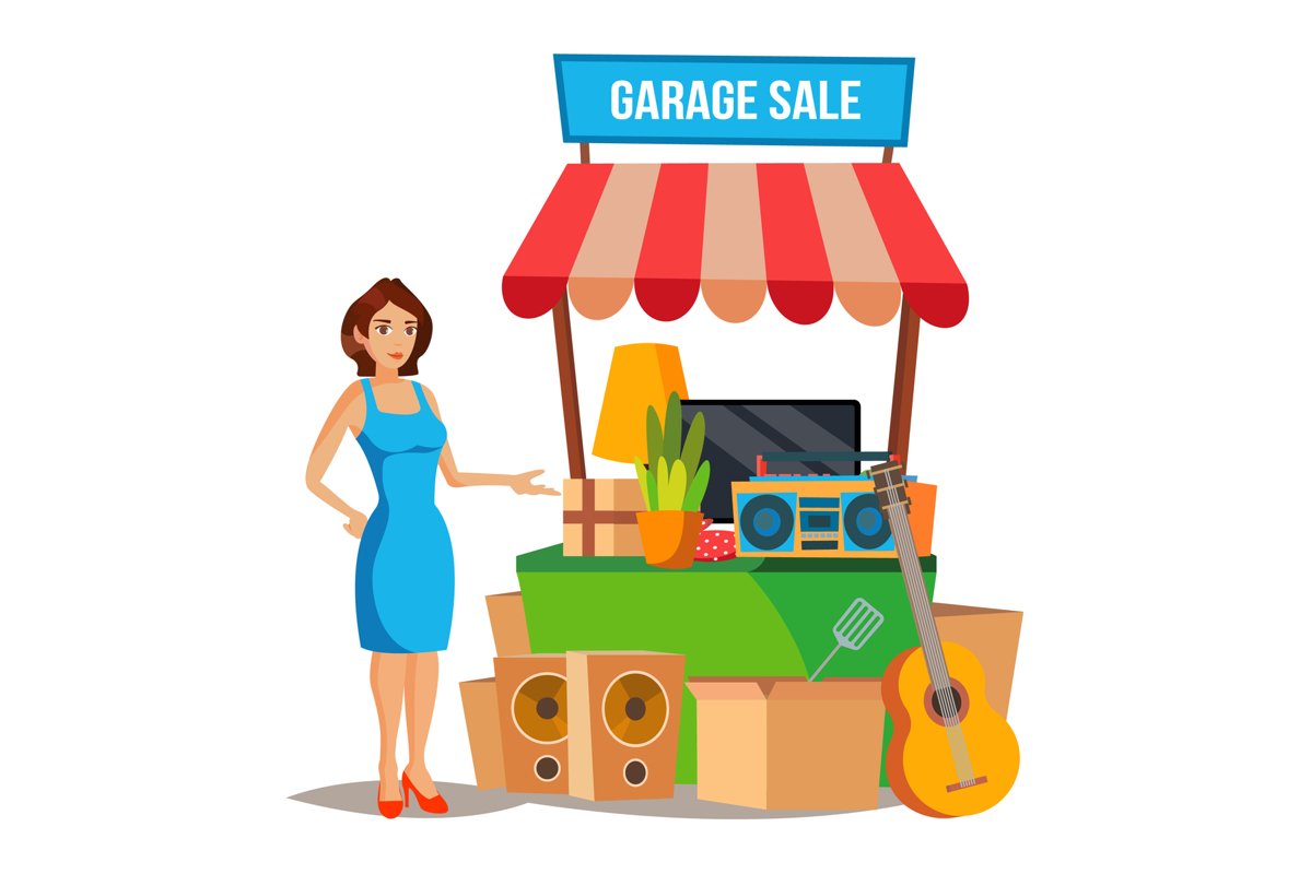 Yard Sale Vector. Household Items Sale. Woman Manning a example image 1