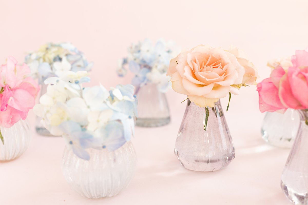 Blue hydrangea,pink sweet pea Lathyrus,roses in crystal vase example image 1
