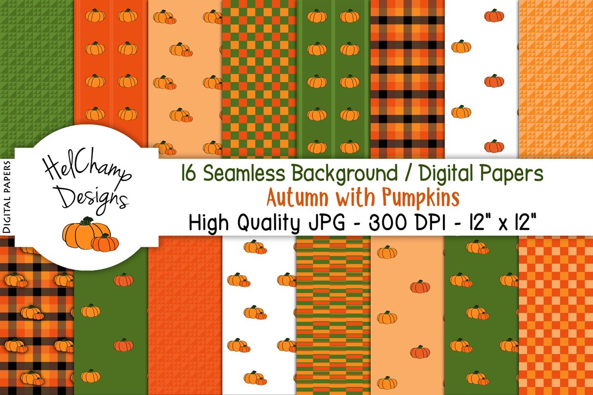16 seamless Digital Papers - Autumn with Pumpkins - HC001 example image 1