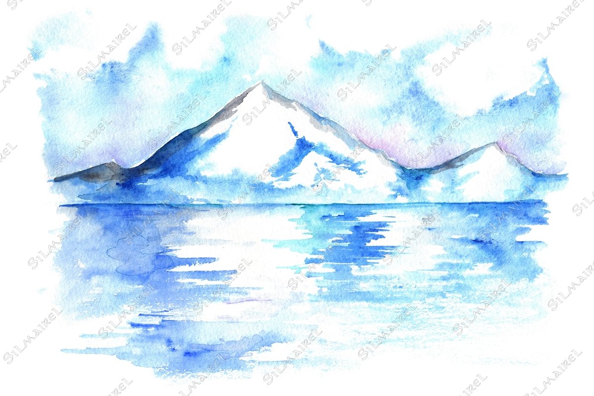 Watercolor North winter ice mountain landscape hand drawn example image 1