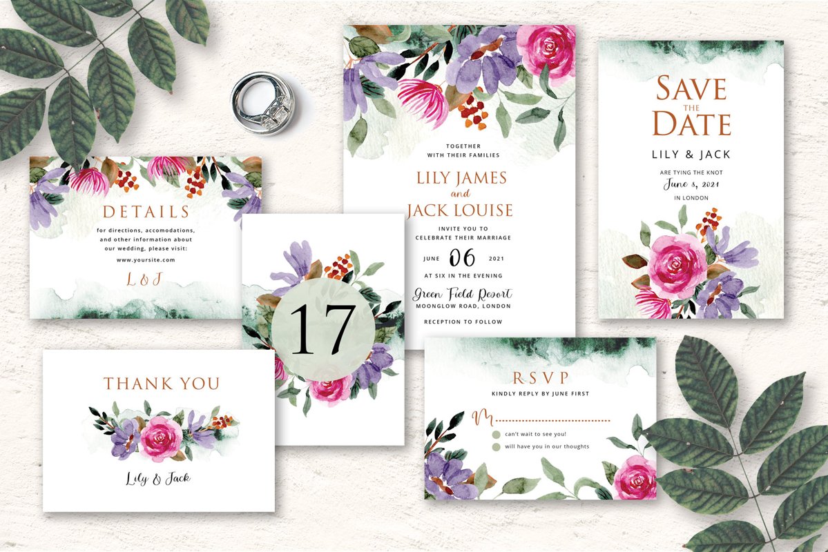 Rustic Floral Wedding Invitation Set example image 1