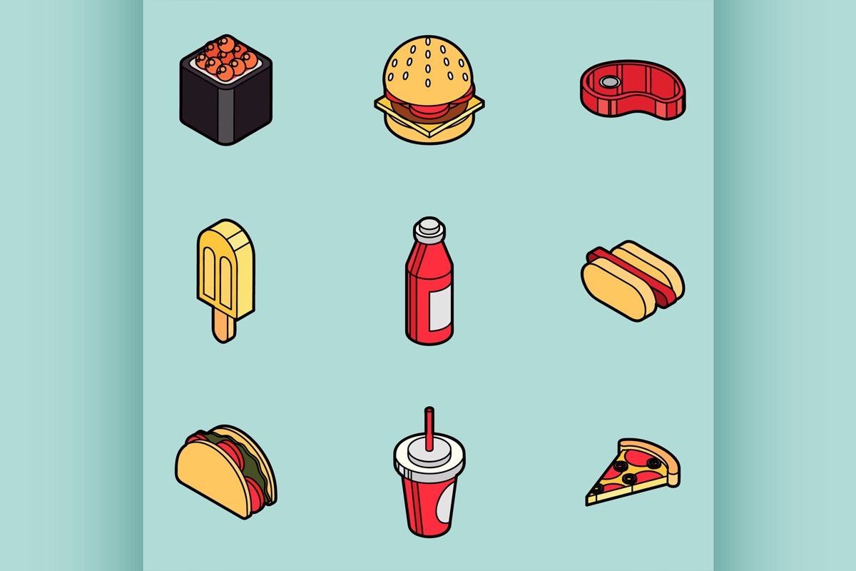 Fast food outline color isometric icons example image 1