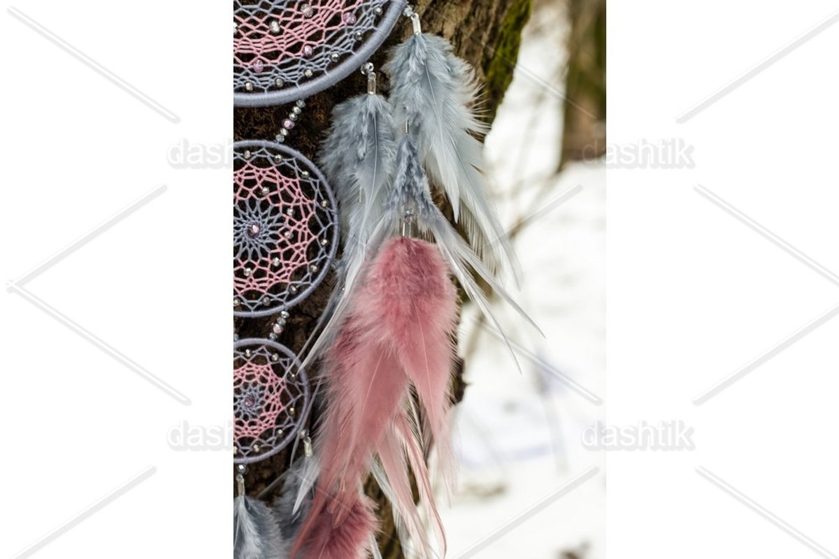 Dream catcher with feathers threads and beads rope hanging example image 1