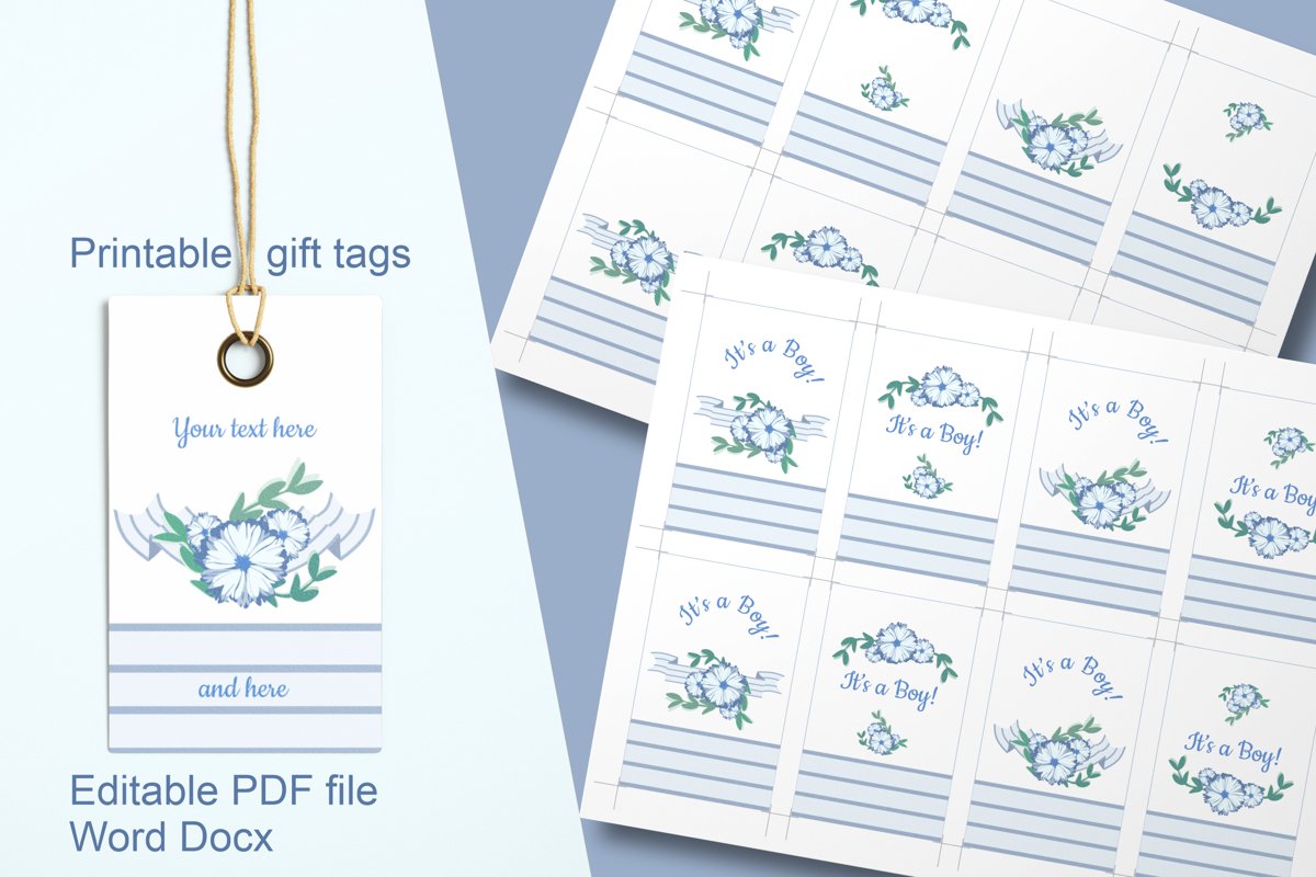 Blue Baby Shower Floral Gift Tags Editable PDF Word Template example image 1