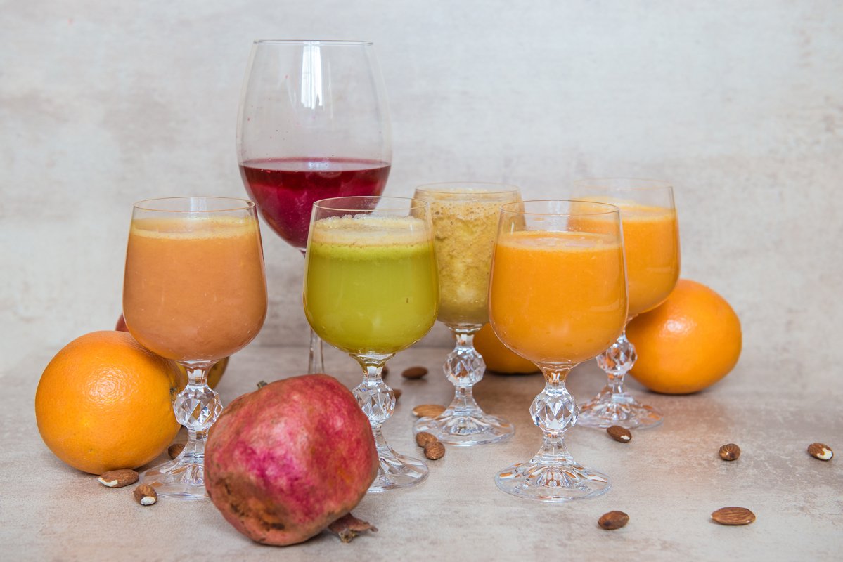 Fresh juice mix vegetables and fruit, healthy drinks example image 1