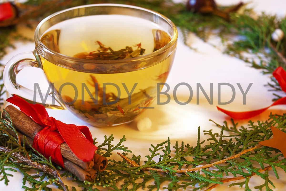 Christmas photo of a cup of herbal tea with cinnamon sticks. example image 1