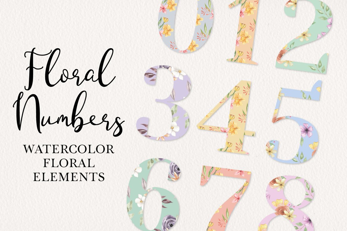 Floral Watercolor Numbers Elements Flowers Zero - 9 Pastel example image 1