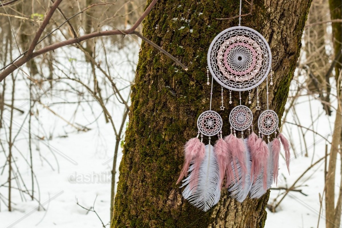 Dream catcher with feathers threads and beads rope hanging example image 1