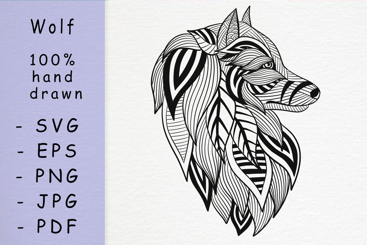 Hand drawn wolf head with patterns example image 1