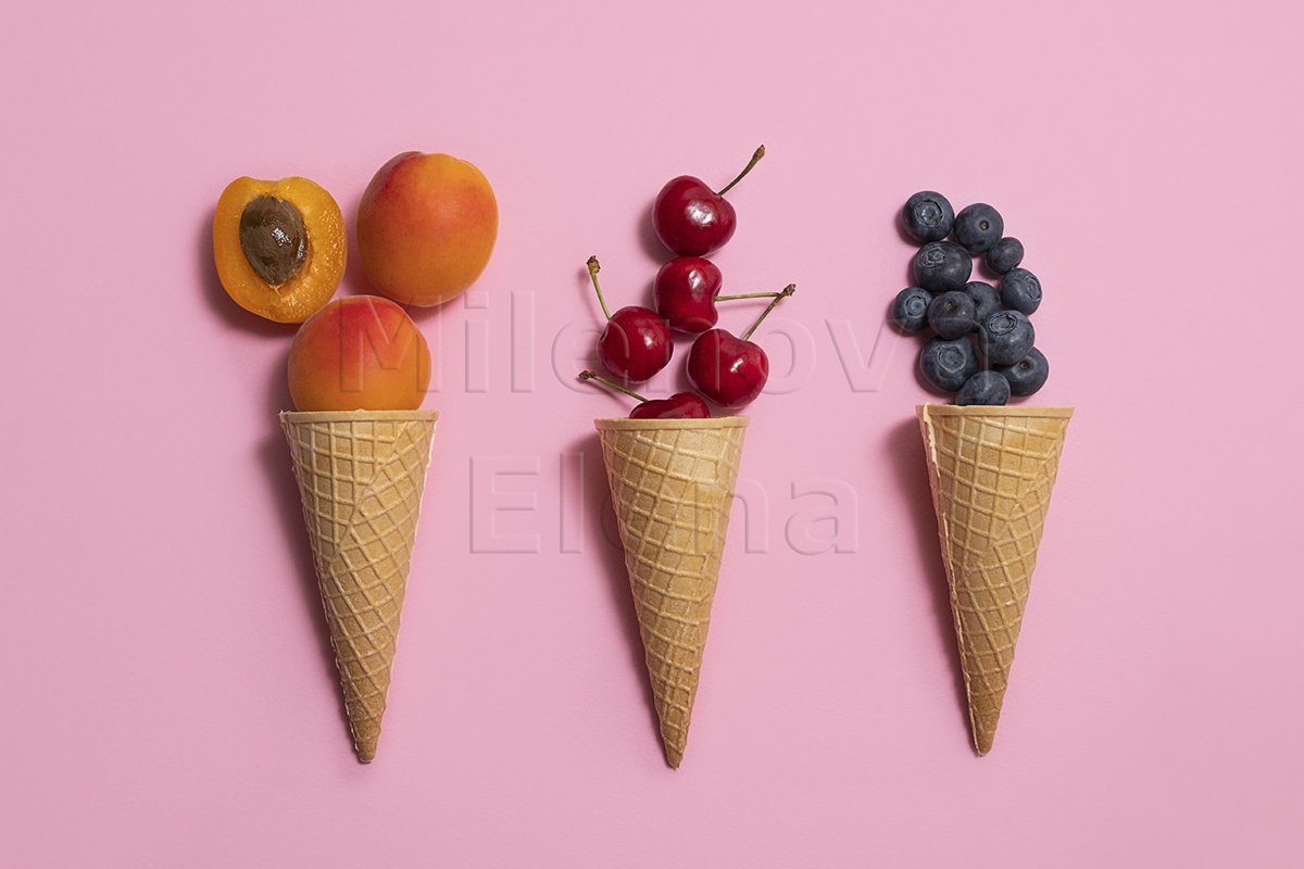 Waffle cones with summer fruits apricots, blueberry, cherry example image 1