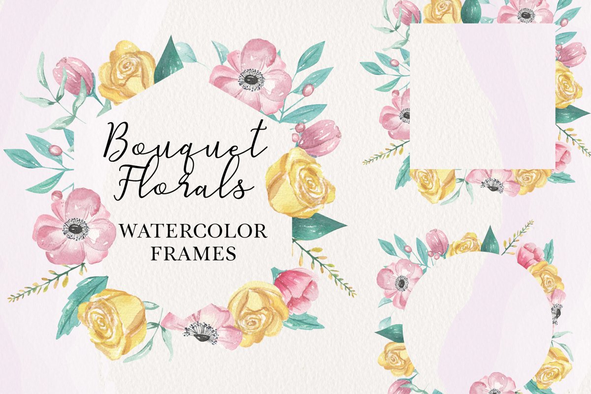 Pink Florals 8 Frames Watercolors Flowers Yellow example image 1