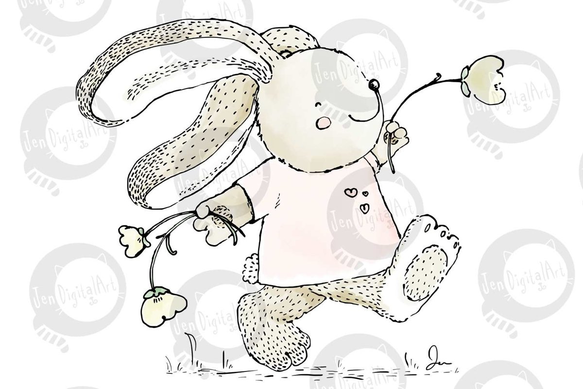 Cute 'Rabbit Skipping with Flowers' | Clip Art Illustration example image 1